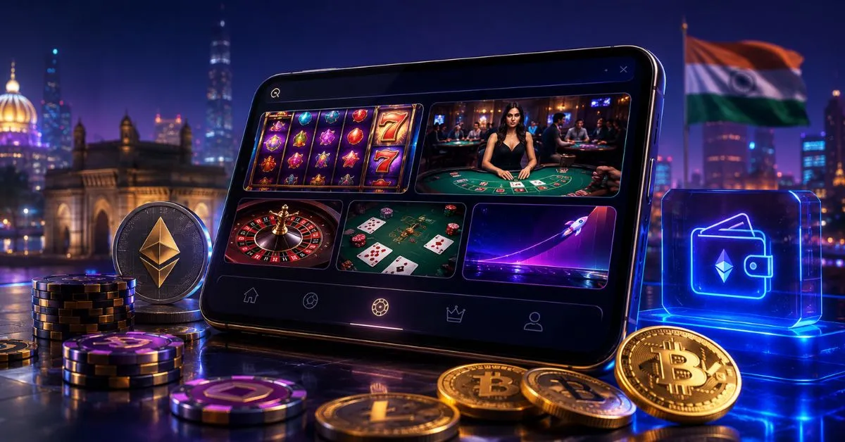 Real money casino games in India featuring slots, live dealer tables, roulette, card games and crypto payments on a futuristic mobile platform.