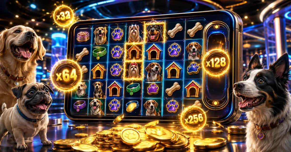 Futuristic dog-themed Megaways slot featuring glowing multipliers, gold coins, dog symbols and a high-energy online casino setting.