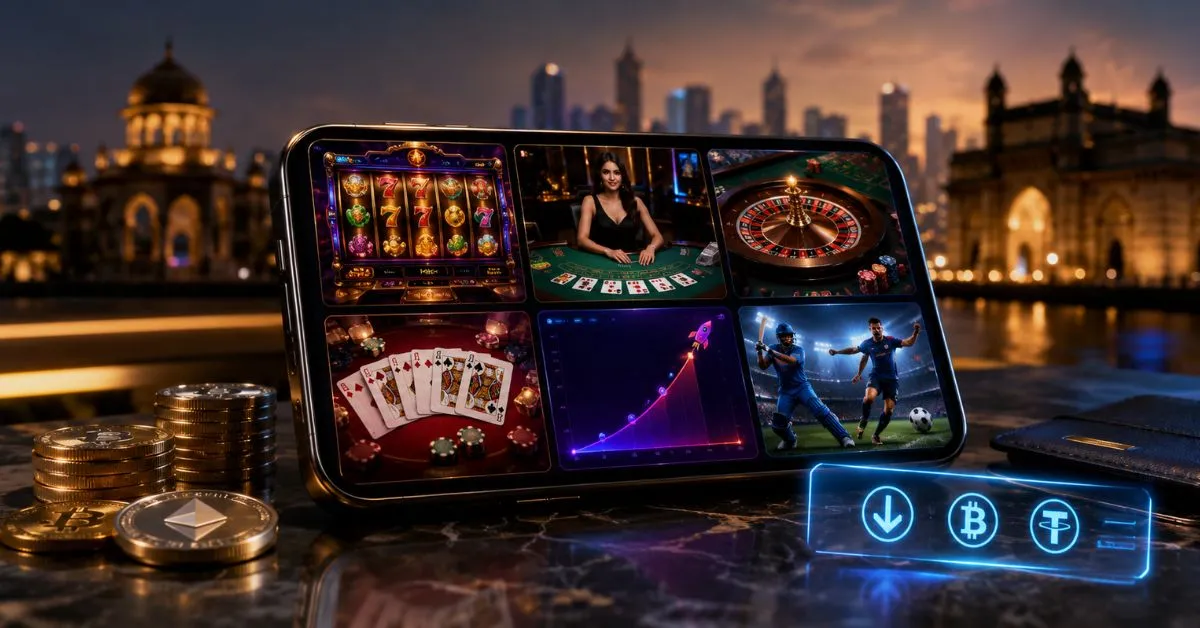 Real money games in India featuring slots, live casino, card games, crash games, sports betting and cryptocurrency payments.