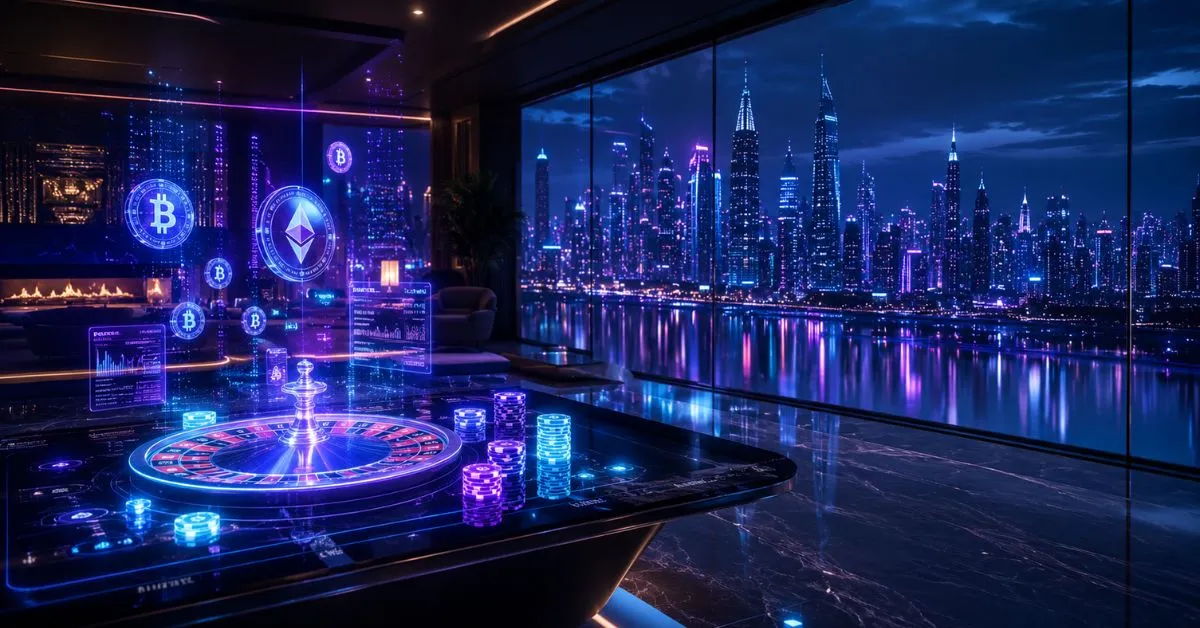 Futuristic crypto casino lounge with neon blue and purple lighting, holographic roulette table, glowing chips, floating Bitcoin and Ethereum symbols, and a city skyline at night.
