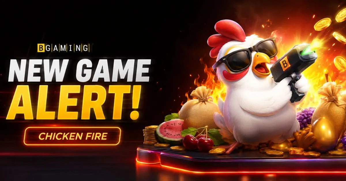 Futuristic Chicken Fire slot artwork featuring a sunglasses-wearing chicken, flames, gold coins, fruit symbols and a high-energy casino theme.