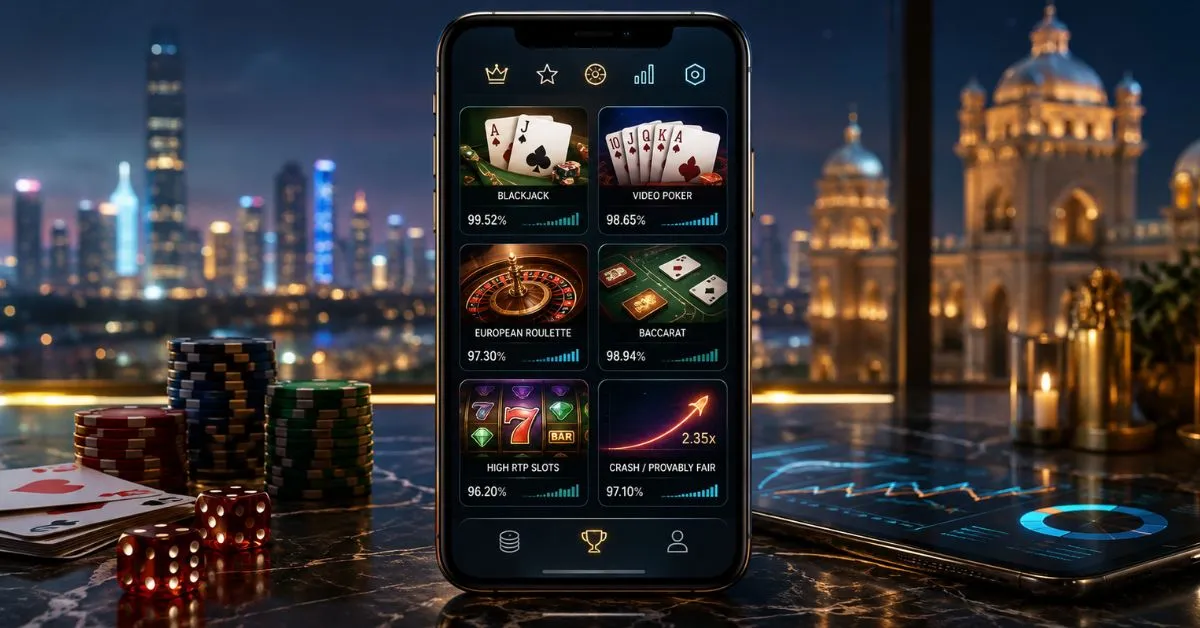 Mobile casino games with high RTP odds in India, featuring blackjack, video poker, roulette, baccarat, slots and crash games.