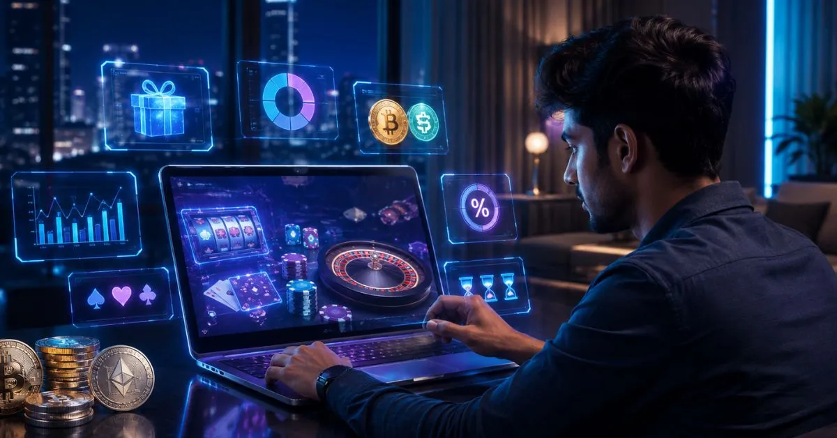 Indian crypto casino player reviewing welcome bonus terms, wagering requirements and gaming rewards on a futuristic digital platform.